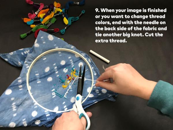 Step 9: When your image is finished or you want to change thread colors, end with the thread needle on the back side of the fabric and tie another big knot. Cut the extra thread.