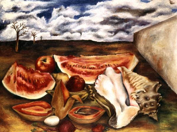 A picnic of watermelon, apples, and other fruit against a landscape backdrop