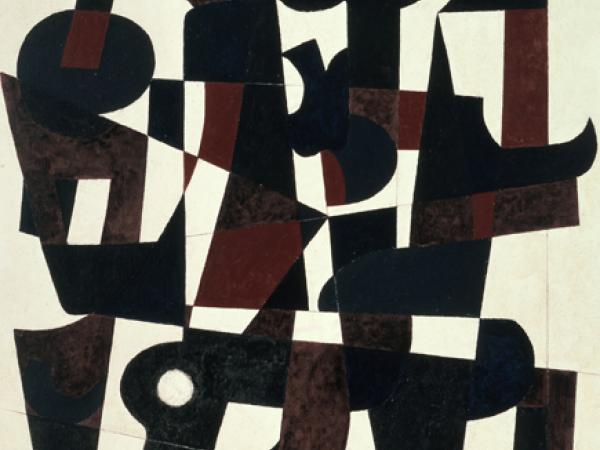 Abstract black and deep red geometric shapes against an off-white background