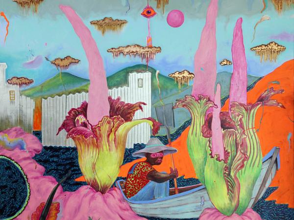 Colorful corpse flowers with pink stems and roots