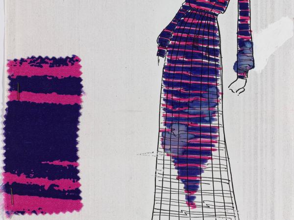 Colored-in drawing of fabric swatch of a dress