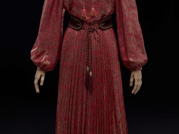 Red silk blouse and skirt