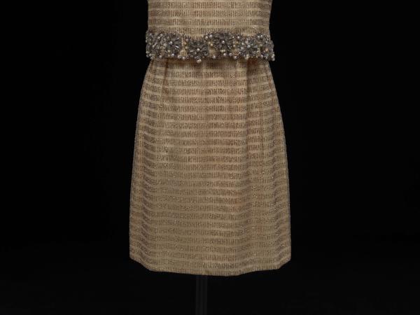 Silk and synthetic net dress with rhinestones, beads, and sequins