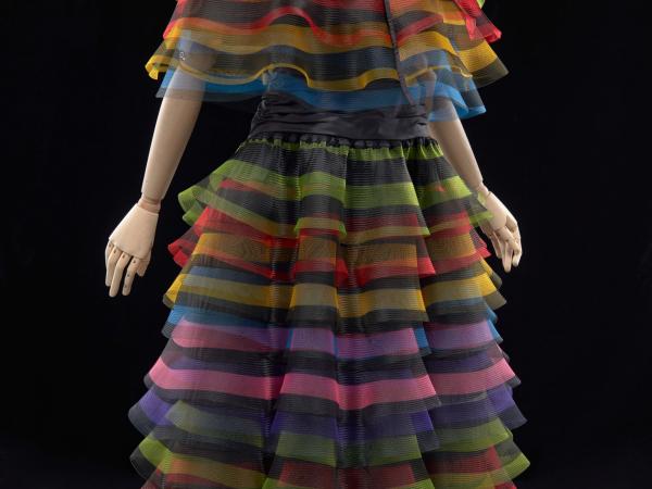 Couture dress with rainbow-colored ruffles