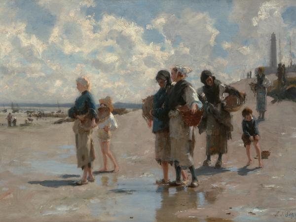A group of men, women, and children fishing for oysters at the beach.