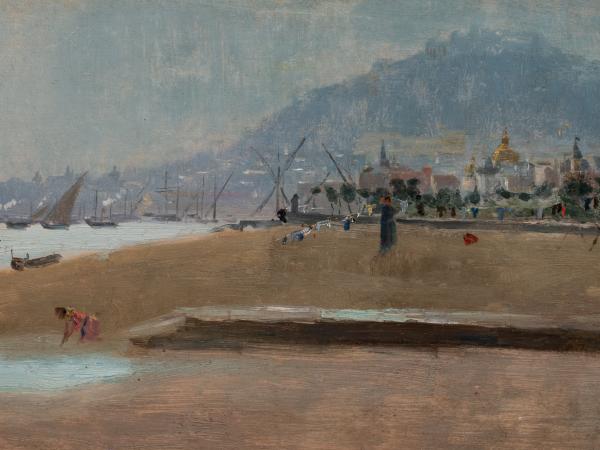 Landscape painting of the French beach and mountains in the background.