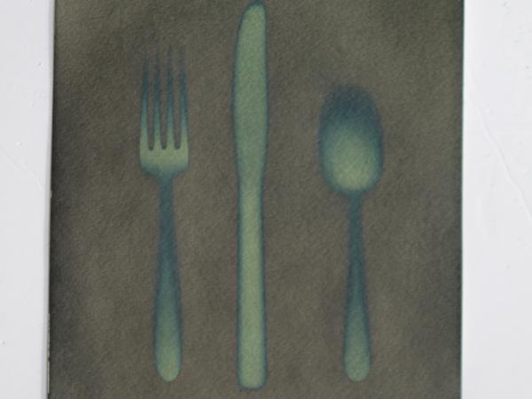 Print of a silver fork, knife, and spoon