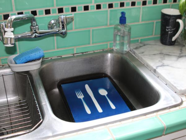 View of sun print forming inside of a kitchen sink