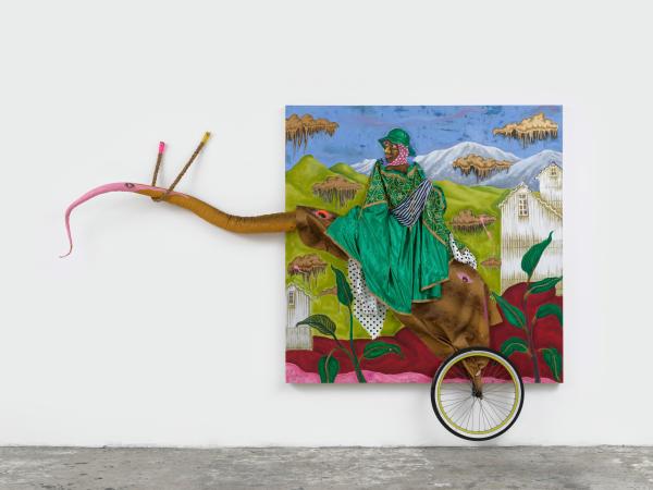 Mixed media painting with a three dimensional wheel and fantastical animal trunk protruding out of it