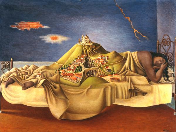 Surrealist painting of a woman sleeping on her side with a Mexican village rising out of her bed.
