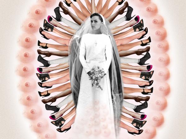 Painting of a woman in a white wedding dress.