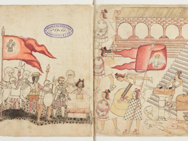 Two panel illustration featuring a crowd looking at Malinche