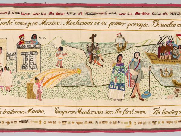 Woven tapestry depicting various events in Mexican and Malinche history
