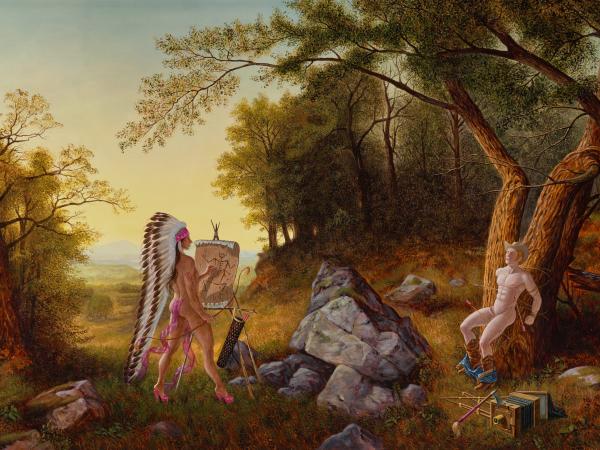 Painting of a Native American drawing a tied-up naked white man