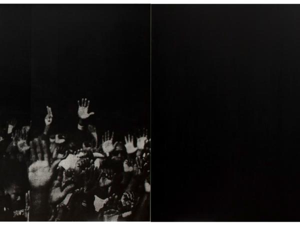 Silkscreen canvas depiciting black and white hands