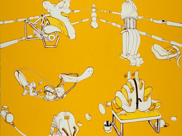 Yellow painting with white cartoon-like graphics depicting plastic surgey