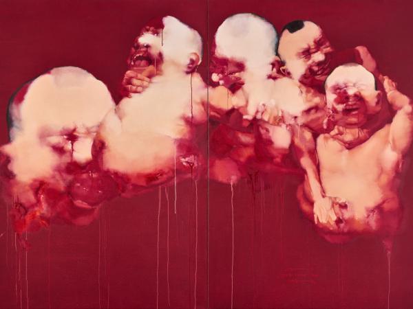 Abstract oil painting depicting screaming baby bodies
