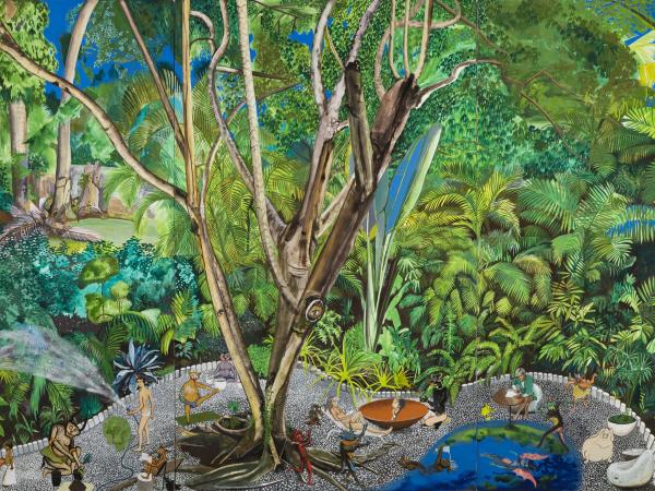 Man and beasts bathing and lounging in a lush mystical green forest