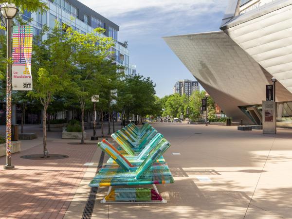 Row of colorful chairs on Martin Plaza 