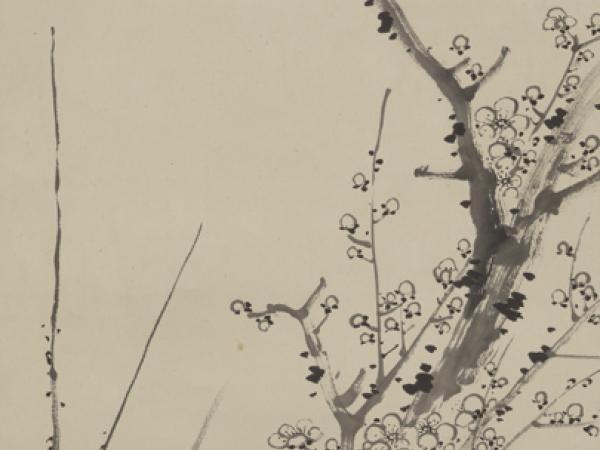 Hanging scroll depiciting an ink drawing of a bamboo tree and its branches