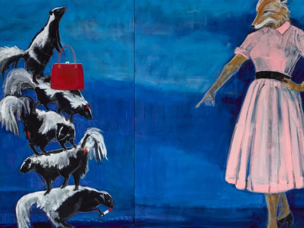 'A Little Medicine and Magic' by Julie Buffalohead features five skunks standing on top of one another holding lipstick and purses and fox standing to the right wearing a dress and pointing at the ground. 