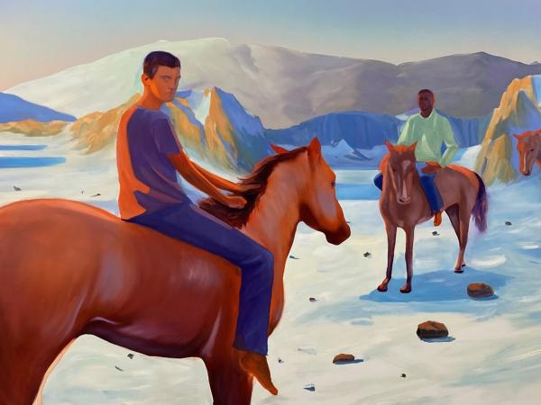 Painting of two men on horseback in a snowy landscape