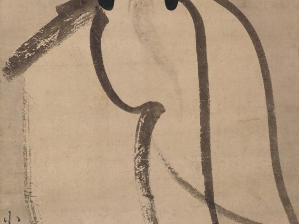 Ink on paper scroll drawing of a Japenese figure