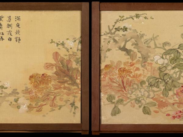 Wood cabinet doors featuring an ink and color painting of flowers