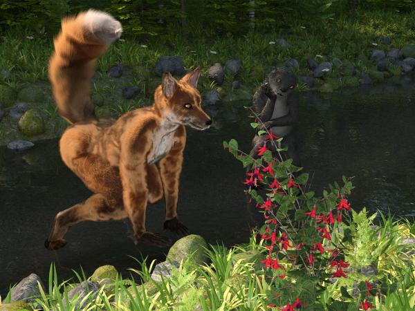 Film still of a computer animated fox and otter