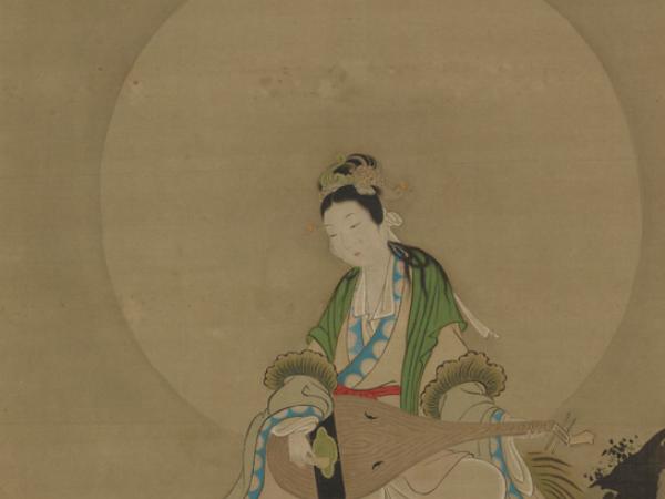 Hanging scroll featuring a ink and color drawing of a Japanese woman