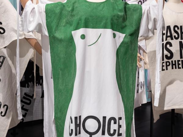 Mannequin wearing a pro-choice shirt made by Carla Fernandez.