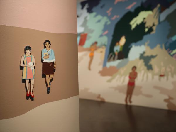 Mural of two figures painted to look like a graphic novel