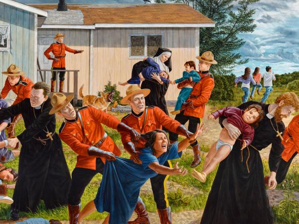 "The Scream" by Kent Monkman which features Indigenous children being taken from their family members by priests, nuns, and mounted police.