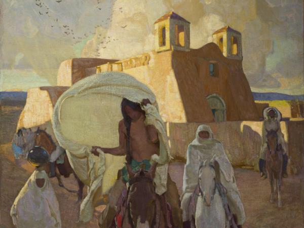 Figures on horseback leaving a large brick church in the background