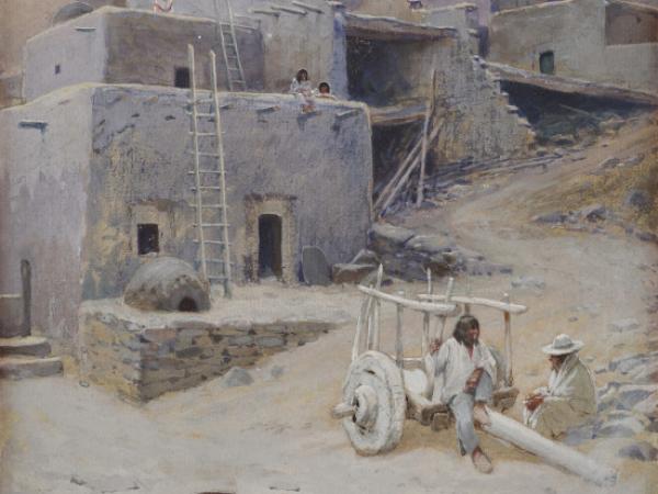 Painting of a family standing and playing in the sand of a mesa village