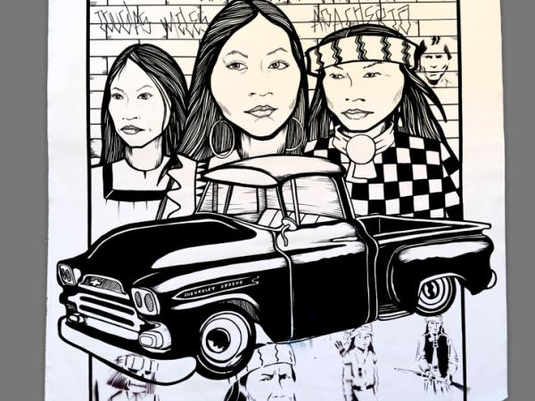 Three figures and a car on an ink on canvas drawing