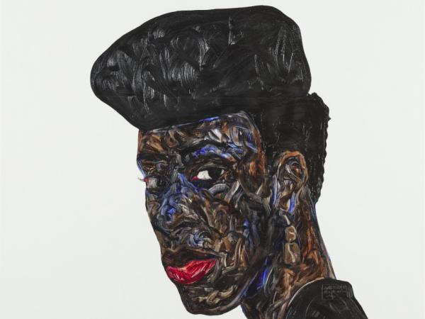 Profile of a Black man with bright red lips wearing a black hat