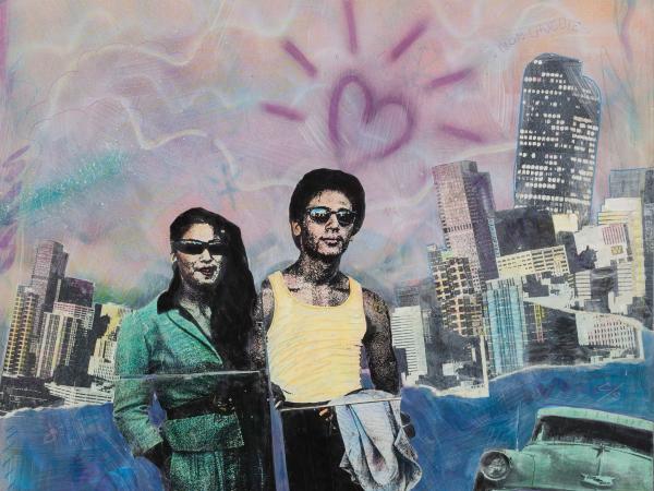 Mixed media artwork depiciting a sharply-dressed man and woman on a night on the town