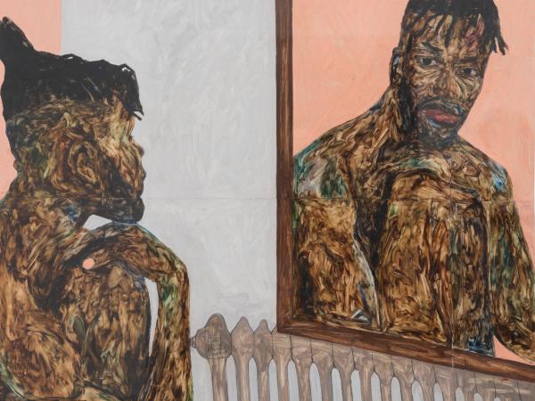Painting of a Black man looking at himself in the mirror