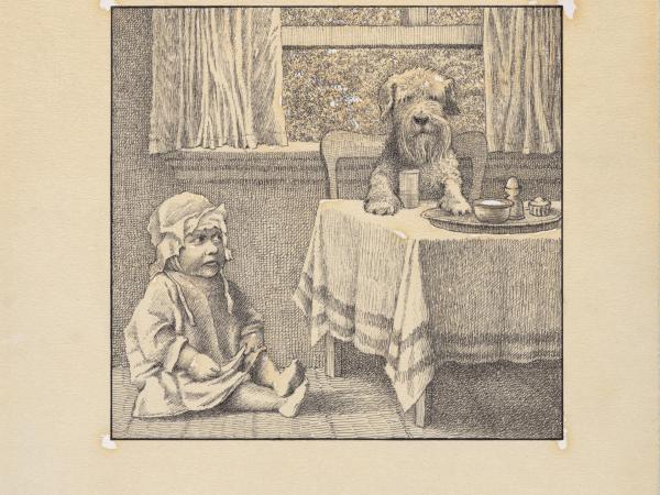 Gray ink drawing of a child on the floor and a dog at the table