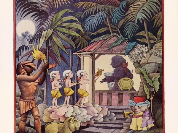 Poster for the Magic Flute depiciting a tropical setting and a children queueing up to a hut