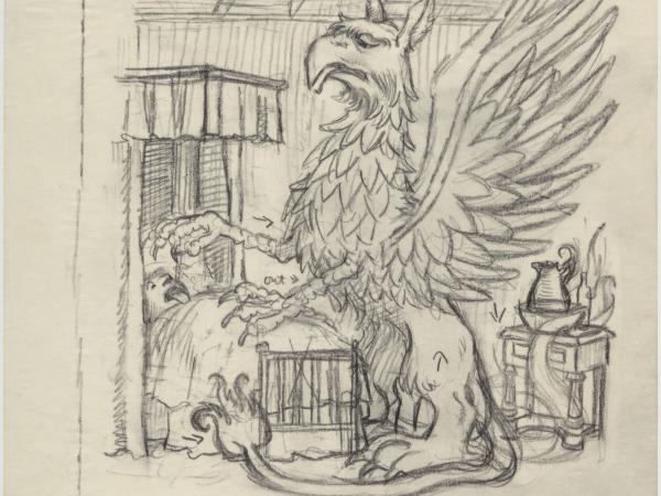 Pencil sketch of a large mythical griffon creature lording over a figure in bed