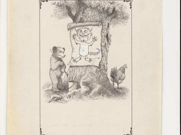 Pencil sketch of a cartoon bear looking at a drawing of a wild thing posted to a tree