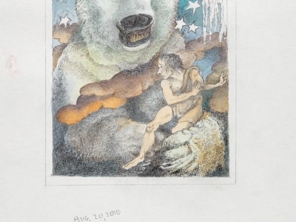Watercolor book cover of a man in the grasp of a large polar bear