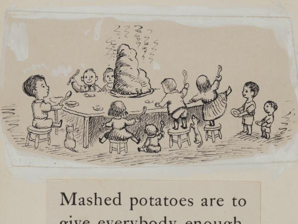 A drawing of a bunch of kids sitting around a table eating mashed potatoes