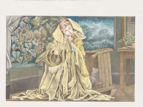 Illustration of a young cloaked girl holding a horn instrument