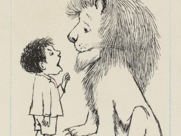 Pencil drawing of a young boy and a lion