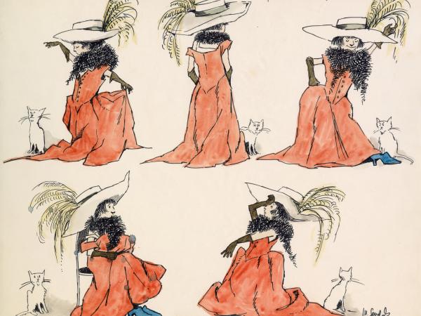 Ink drawings of a young girl playing dress-up in a red dress with her cat