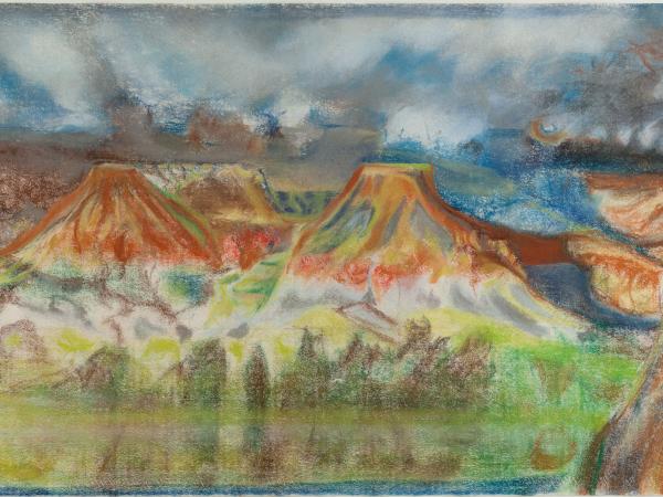 Lush mountainscape painted in oil pastels