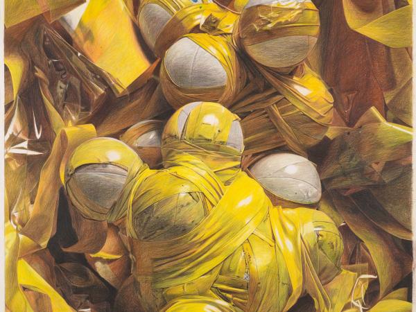 Balls of yarn wrapped in yellow wrappings